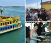 A brightly painted paddleboat with the name Calypso Breeze offering a tropical buffet is cruising near a waterfront with buildings and other boats in the background