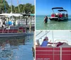 A group of people is enjoying a boat ride on a pontoon boat amidst a marina filled with various sailing boats on a sunny day