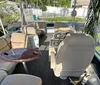 A group of people is enjoying a boat ride on a pontoon boat amidst a marina filled with various sailing boats on a sunny day