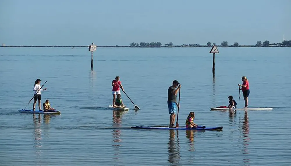 Several people are enjoying a sunny day stand-up paddleboarding on calm water