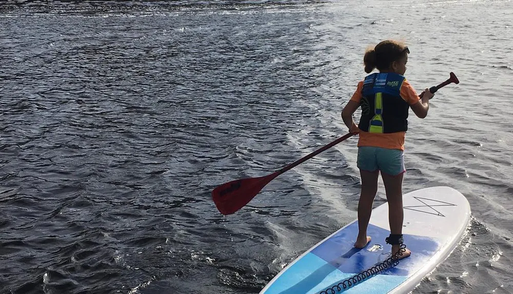 A child wearing a life vest stands on a paddleboard holding a paddle above the water