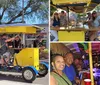 A group of people enjoys a ride on a pedal-powered Trolley Pub on a sunny day in an urban street setting