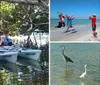 Three people are smiling while sitting on two kayaks among mangroves with calm waters reflecting the scene