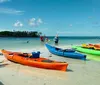 Three people are smiling while sitting on two kayaks among mangroves with calm waters reflecting the scene