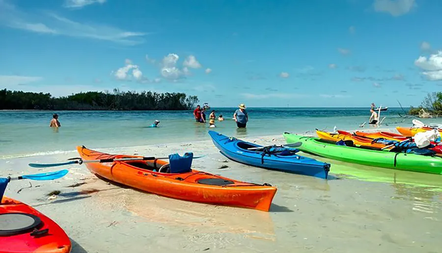 Colorful kayaks are scattered on a sandy beach where people are enjoying the water and sunny weather.