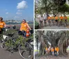 A group of people in orange shirts some with the University of Tennessee logo are riding or standing next to bicycles along a coastal area with palm trees and moored boats in the background