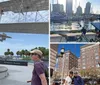 People are standing near a large artistic structure that resembles a ships propeller with palm trees and a clear blue sky in the background