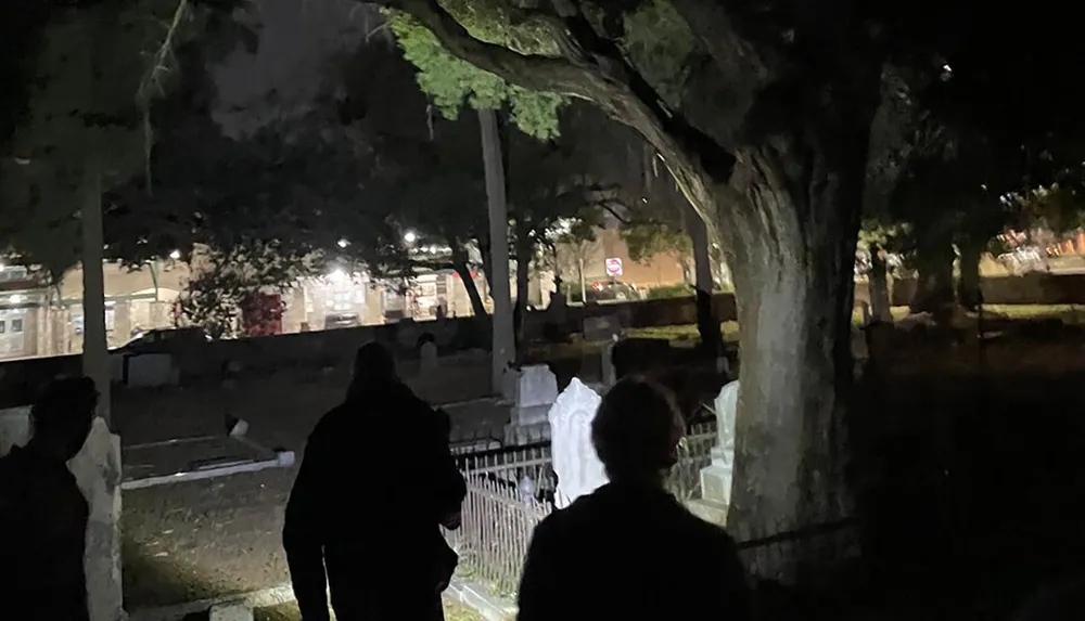 The image shows a group of people at night in what appears to be a cemetery with headstones and trees illuminated by artificial light