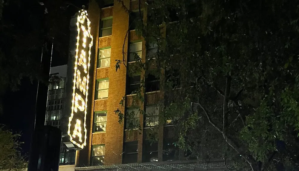 The image shows a tall building at night adorned with bright vertical neon signage partially obscured by foliage in the foreground