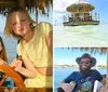 The image depicts a thatch-roofed floating tiki bar surrounded by clear turquoise waters under a blue sky with people enjoying the unique setting on the water