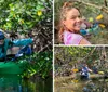 Two people are happily kayaking through a lush mangrove tunnel