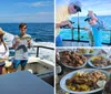 A man and a woman are smiling on a boat proudly displaying a large reddish fish they have caught