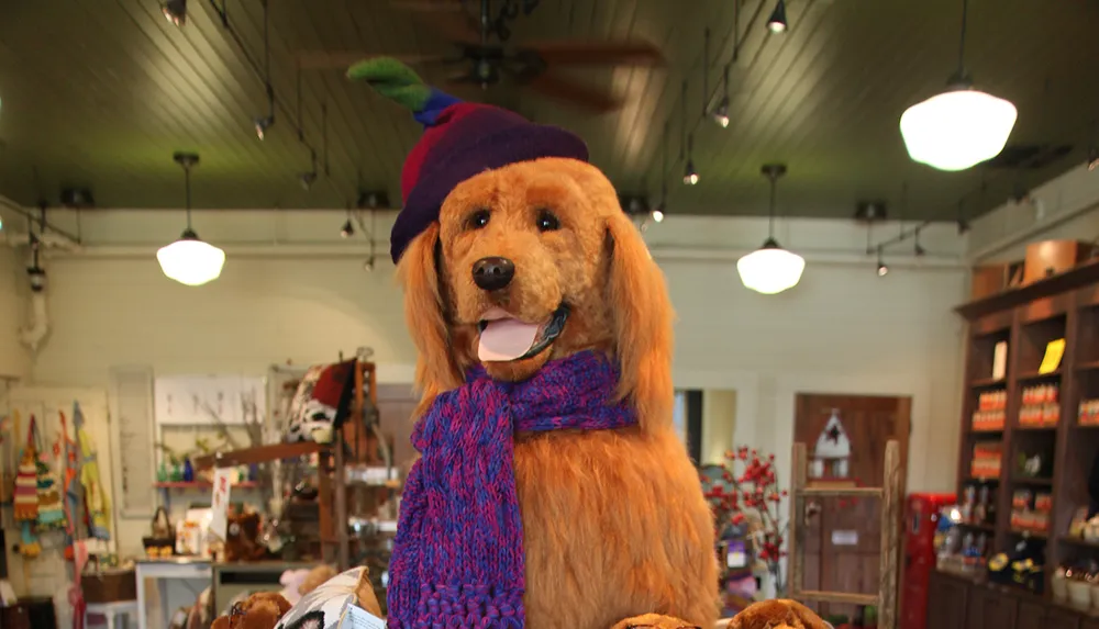 A life-sized stuffed dog is dressed in a colorful striped hat and a blue scarf situated in a cozy retail setting