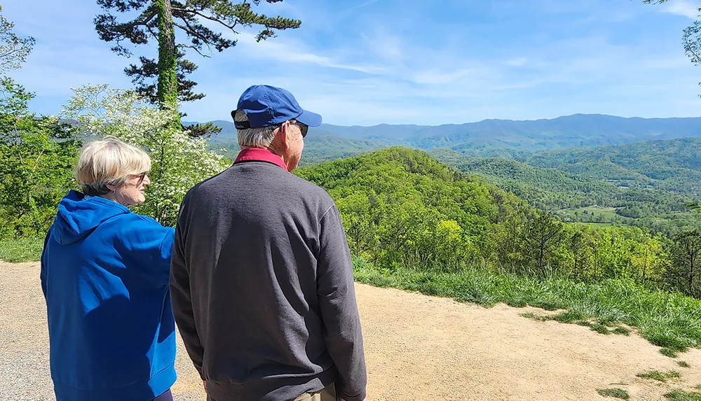 Two people are standing on a trail enjoying a panoramic view of rolling green mountains under a clear blue sky