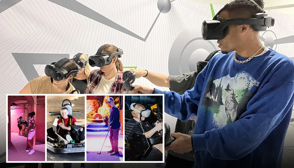 People are immersed in various virtual reality experiences indicated by the VR headsets they are wearing