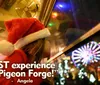 A child in a Santa hat looks out a window at a brightly lit Ferris wheel at night with a quote saying BEST experience in Pigeon Forge attributed to Angela