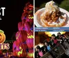 This image is a collage promoting Dollywoods Harvest Festival featuring a roller coaster filled with excited riders a close-up of a dessert with whipped cream and a craftsman working on a horseshoe