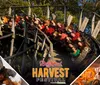 This image is a collage promoting Dollywoods Harvest Festival featuring a roller coaster filled with excited riders a close-up of a dessert with whipped cream and a craftsman working on a horseshoe