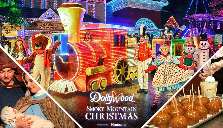 The image is a festive collage promoting Dollywood's Smoky Mountain Christmas, featuring brightly lit holiday decorations and parades with costumed characters, alongside scenes of people enjoying Christmas treats and a live nativity play.