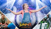 This is a vibrant collage showcasing various scenes of summer fun, including a central image of a girl joyfully playing with bubbles, flanked by snapshots of people enjoying an amusement park ride and a close-up of a laughing boy, all under the heading 