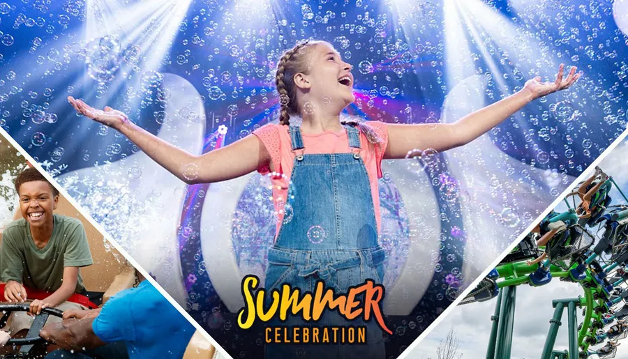 This is a vibrant collage showcasing various scenes of summer fun, including a central image of a girl joyfully playing with bubbles, flanked by snapshots of people enjoying an amusement park ride and a close-up of a laughing boy, all under the heading Summer Celebration.
