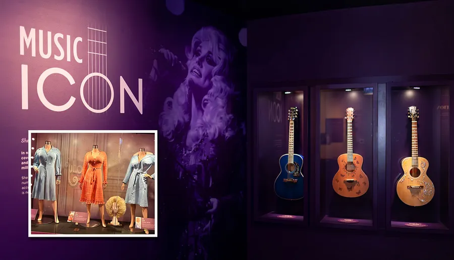 The image features a music-themed exhibit with three displayed guitars and a background showcasing a portrait of a performer, accompanied by an inset of three vintage dresses.