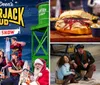 The image depicts a lively and colorful promotional scene for Paula Deens Lumberjack Feud Christmas Supper Show featuring a playful group of people dressed as lumberjacks along with a child in the foreground and a character dressed as Santa Claus holding a chainsaw