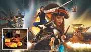 The image features a vibrant pirate-themed performance with acrobats, ships, and action, set against a backdrop with a pirate ship and ocean, alongside an inset of a plate with a meal including chicken, corn, and beans.