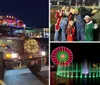 Four joyful people dressed in festive Christmas attire posing in front of a bus named BUS-TED