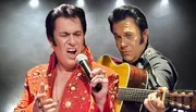 The image shows two performers, one singing into a microphone and the other playing a guitar, both dressed in costumes reminiscent of the style associated with Elvis Presley.