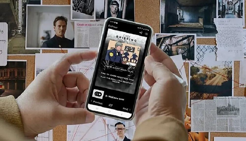 A persons hands are holding a smartphone displaying a podcast app with an episode titled Case Briefing in front of a bulletin board filled with various photos and notes suggesting the theme of investigation or crime analysis