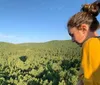 A colorful hot air balloon is soaring over a landscape with a small inset of a smiling couple taking a selfie inside it