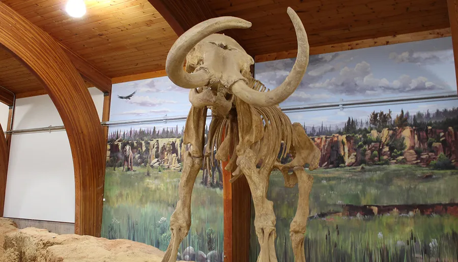 The image shows the skeletal remains of a mammoth on display inside a room with a painted mural depicting a prehistoric landscape.