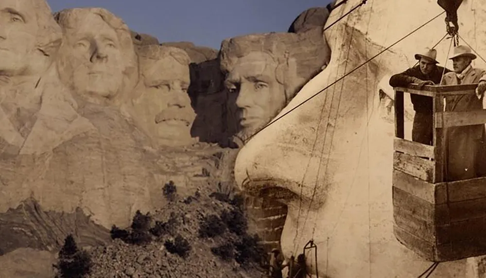 The image shows Mount Rushmore mid-construction with workers in a suspended platform carving the colossal presidential faces into the mountainside