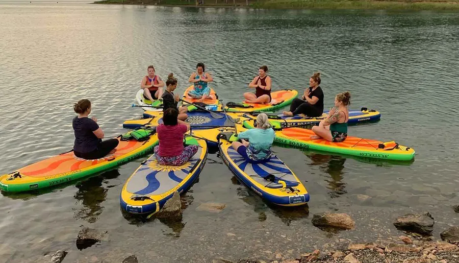 A group of people are practicing yoga on stand-up paddleboards on calm water.