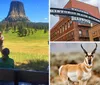 A group of people is listening to a guide who is giving a presentation in front of the impressive Devils Tower a notable geological feature that protrudes out of the rolling prairie in Wyoming