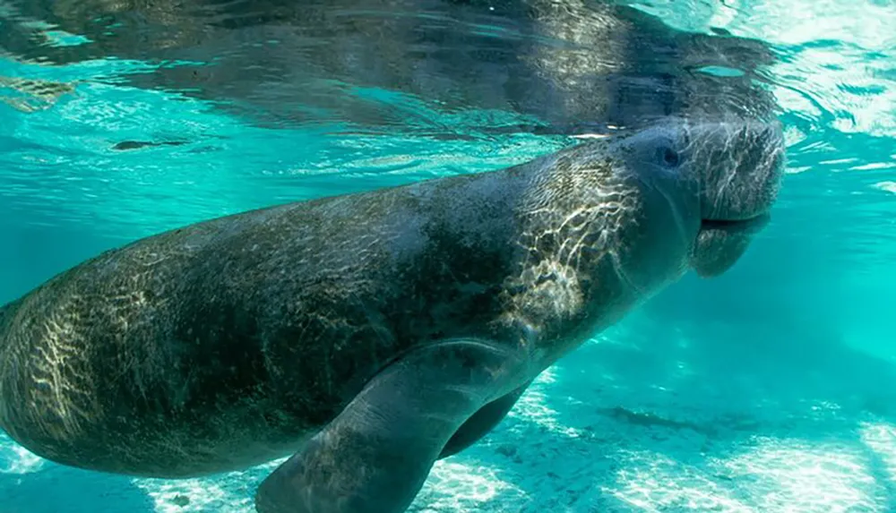 A manatee is swimming gracefully in clear blue water with the sunlight filtering through and casting patterns on its body