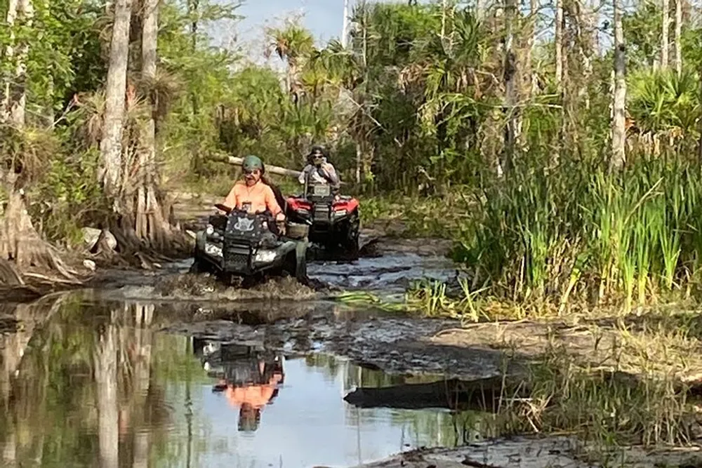 Two people are riding all-terrain vehicles through a muddy wetland area