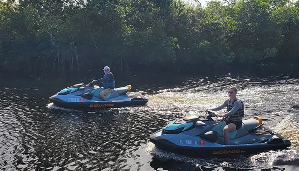 Two people are riding jet skis on a river surrounded by greenery under a sunny sky