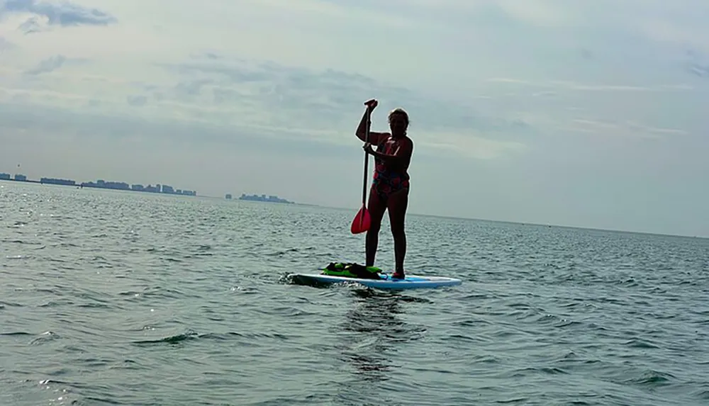 A person is standing on a paddleboard on calm water with a cloudy sky in the background