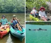 Four people are smiling for the camera while seated in colorful kayaks on calm waters with lush greenery in the background