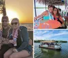 Four friends are enjoying a sunset together on a beach wearing flower necklaces and holding drinks