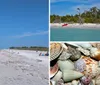 This image showcases a serene beach scene with a clear blue sky gentle waves and people enjoying leisure time by the water