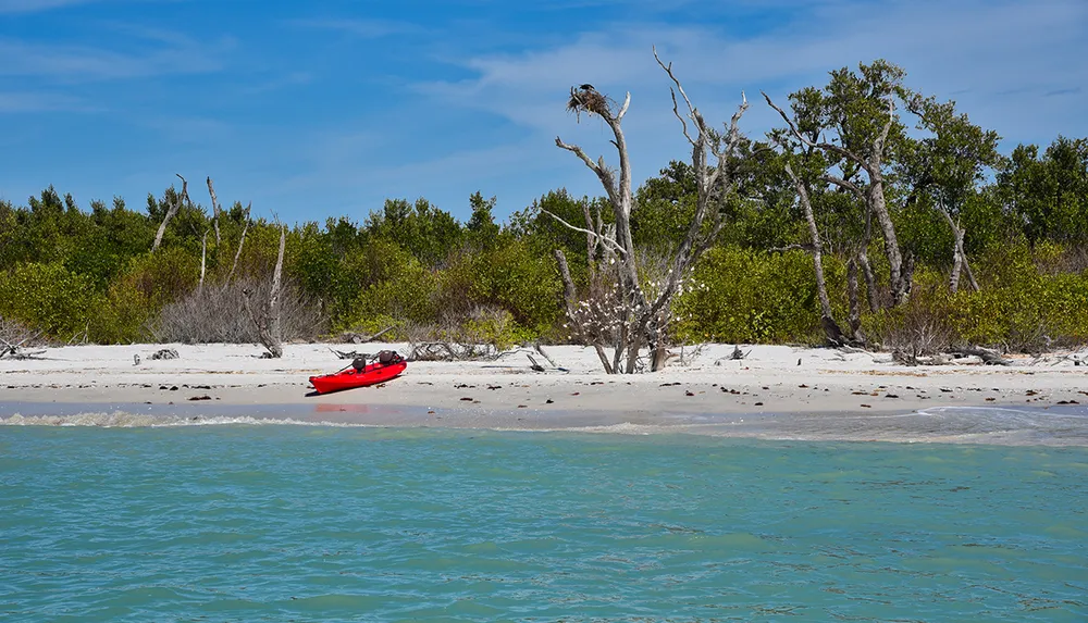 A red kayak is resting on a sandy beach with clear waters in the foreground and sparse vegetation in the background