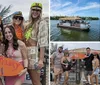 A group of people in colorful attire holding a sign that says Gettin Freaky on the Tiki are posing happily for a photo