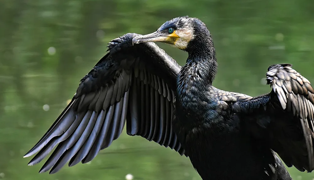 A cormorant is captured up close with its wings outstretched showcasing its impressive plumage against a backdrop of tranquil water