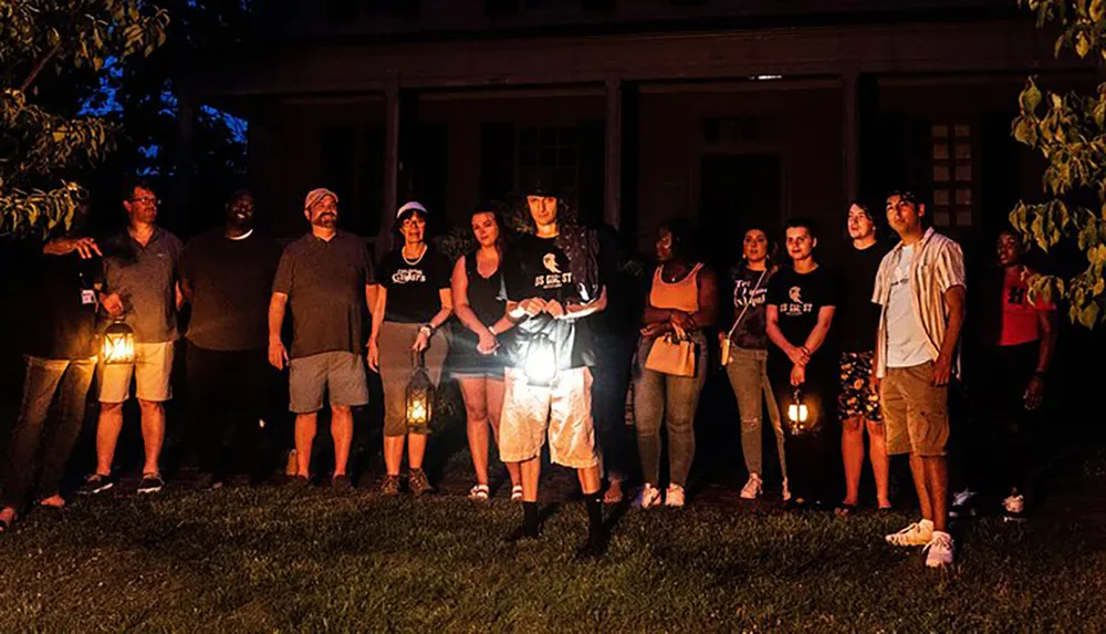 A group of people is standing outdoors at night holding lanterns with a softly illuminated building in the background