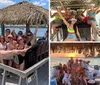 A group of cheerful people is posing for a photo on a sunny day at a waterfront location with a thatched roof structure extending their arms and smiling