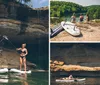 Four individuals are standing on paddleboards engaging in an activity near a rocky cliff with a small waterfall