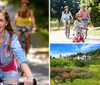 A child leads the way on a bike ride with two adults cycling behind on a sunny tree-lined path